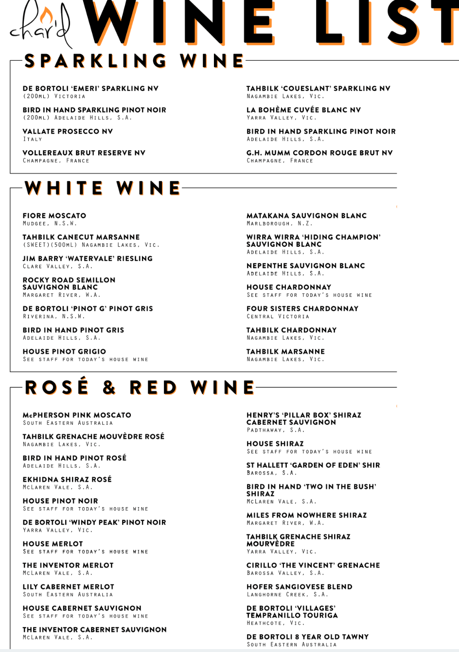 Tap'd & Char'd Wine List Prince Alfred Hotel